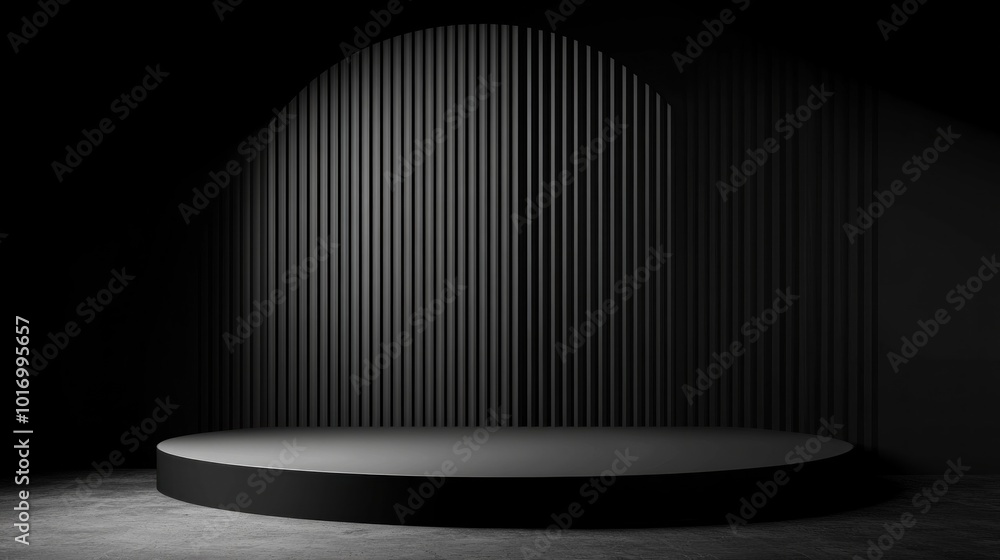 Poster the setting features a circular stage surrounded by vertical lines, creating a striking contrast aga
