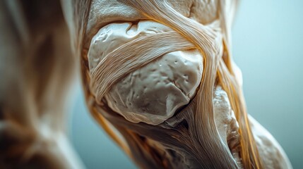 close-up of stabilizing ligaments in the knee joint, showing anterior cruciate ligament (ACL), medial collateral ligament (MCL), realistic anatomical detail