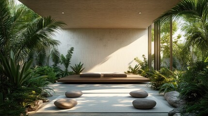 Fototapeta premium Serene Indoor Space Surrounded by Lush Greenery