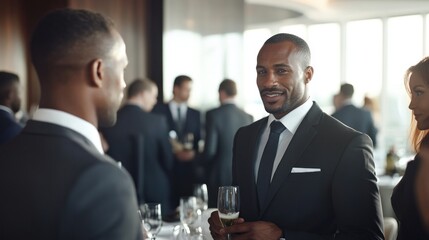 A group of well-dressed professionals mingles in a sophisticated environment, where two men converse while holding drinks, showcasing a lively corporate atmosphere