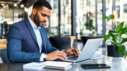 A young man is engaged in work on his laptop at a stylish cafГ©, surrounded by modern decor and greenery, while concentrating on his tasks