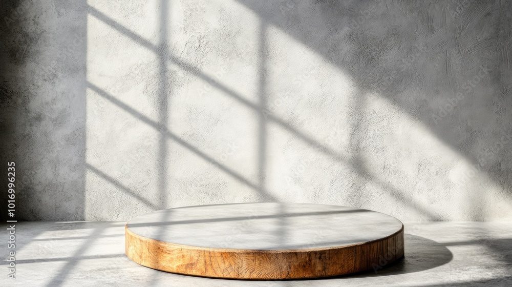 Aufkleber a circular display platform sits in a minimalist space, with sunlight filtering through grid-like sh