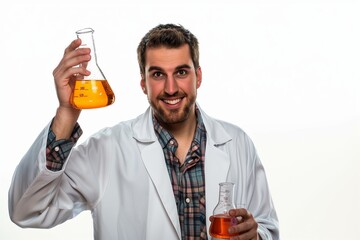A scientist in a lab coat, holding a beaker with a curious expression, cut out against a white background.