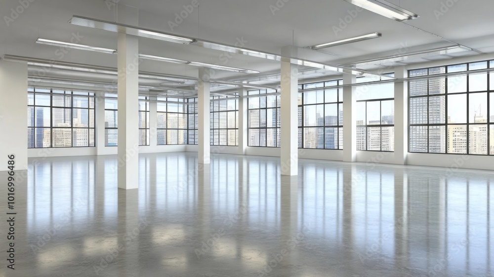 Poster the open office features expansive floor space with polished concrete flooring and large windows tha
