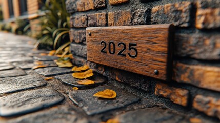 A close-up view of a wooden address plaque with the number 2025, mounted on a brick wall along a cobblestone path with autumn leaves scattered on the ground