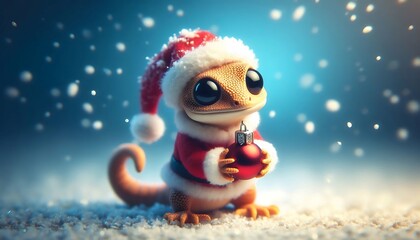 Santa Gecko Holding Christmas Bauble in Snow