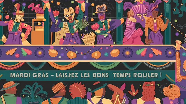 Mardi Gras parade float with masked performers and festive lights.