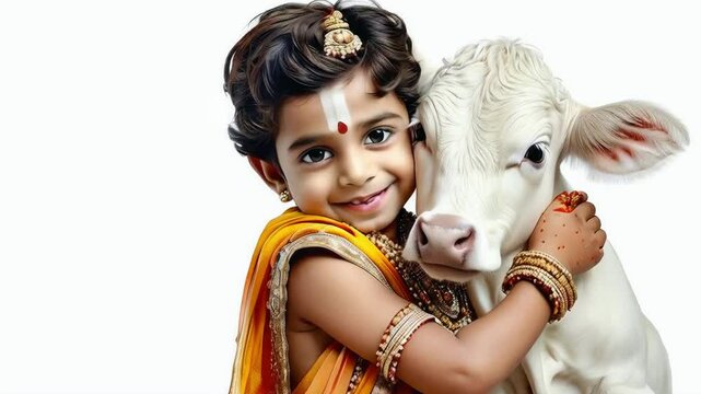 Tender Embrace of Krishna: Boy dressed as Lord Krishna in traditional Indian attire tenderly hugging a calf, love, beauty and serenity