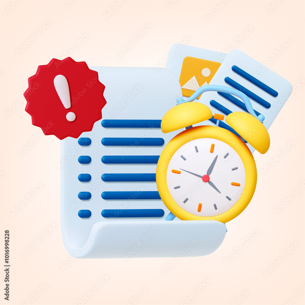 Poster 3d deadline concept. 3d alarm clock, documents and exclamation mark in red banner. check or to do li