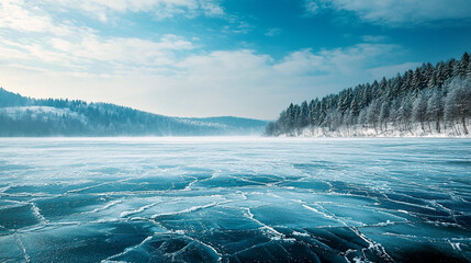 Blue ice with cracks on the surface of the ice. Frozen lake under a blue sky in the winter, pine trees in the background