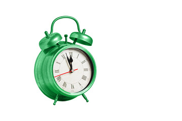 retro clock, pointer clock, green color alarm clock on isolated white background close up
