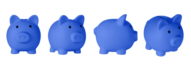 Set Piggy bank pig blue color on isolated white background close up