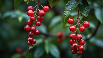 Obraz premium Close-up of red berries hanging from a branch with green leaves.