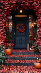 Naklejka premium close up, beautiful wooden autumn entrance into house, beautiful nature