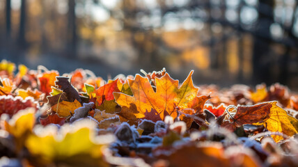 Frost-covered autumn leaves in the early morning, illuminated by sunlight in a cold and serene atmosphere.
