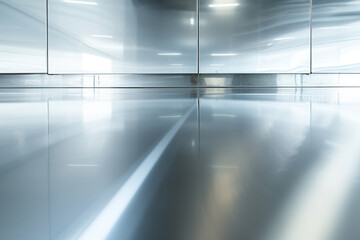 A reflection of a white wall is seen on a shiny, reflective surface