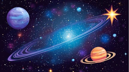 A vibrant illustration of a galaxy with planets, stars, and nebulae.