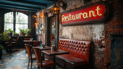 Obraz premium Cozy and rustic restaurant interior with vintage furniture, exposed brick walls, and a neon sign, evoking a charming and nostalgic dining atmosphere