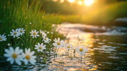 Serene River Scene with White Flowers and Sunset Glow