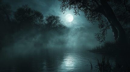 Fototapeta premium dark creepy lake with fog