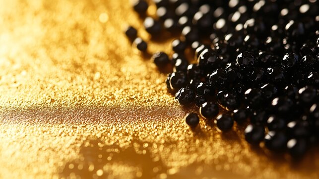 Close up of black caviar pearls, isolated on a gold leaf background with soft ambient light