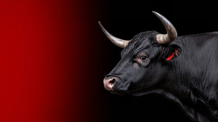 Naklejka premium Profile of a spanish black Fighting Bull, full body. Red background
