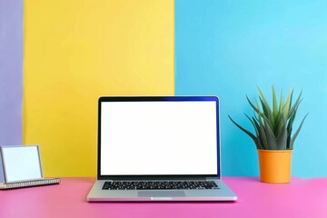 Fototapeta premium Blank laptop screen in colorful modern workspace, minimal design, ideal for graphic use