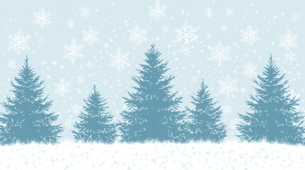 A serene winter landscape featuring snow-covered evergreen trees and falling snowflakes, creating a peaceful seasonal scene with a soft blue background.
