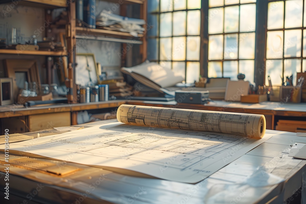 Poster a sunlit workshop with architectural blueprints unfurled on a table