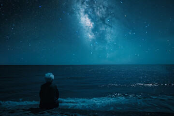 Obraz premium A man is sitting on the beach at night, looking up at the stars