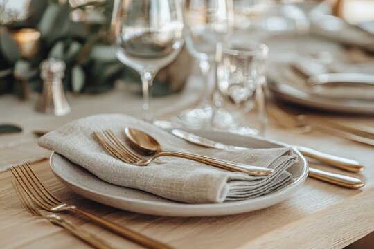 An elegant white tablecloth is placed under a set of white plates, a wine glass, forks, knives and a white wine glass.