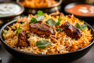 Fototapeta premium Biryani on a Plate Garnished with Cilantro | Flavourful and Aromatic Indian Rice Dish Served Fresh
