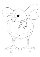 Linear drawing of chick with bow Easter eggs illustration