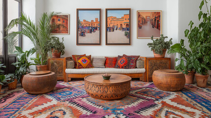 Vibrant moroccan-inspired living room with colorful rugs and rustic furniture