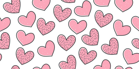 Cute Pink Heart Seamless Valentine's Day Pattern on White Background. Love heart pattern design. Seamless colorful hearts pattern.