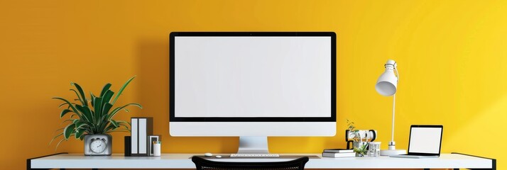 White computer monitor screen in a bright office, modern decor, ideal for design projects