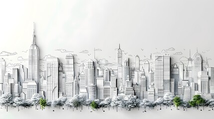 Artistic Skyline Illustration of a Cityscape with Trees and Clouds