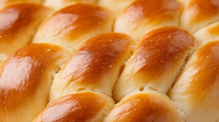 Close-up of a golden, round challah with an intricate braided design.