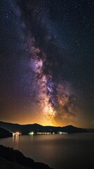 Fototapeta premium A breathtaking view of the Milky Way galaxy shining over a tranquil lake at night