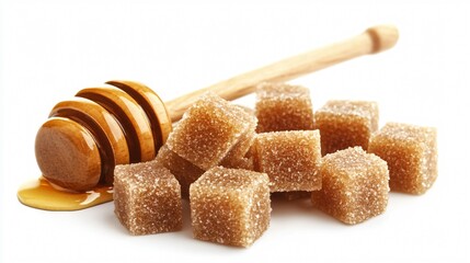 Brown sugar cubes with a small honey dipper, isolated on a soft white background with subtle highlights