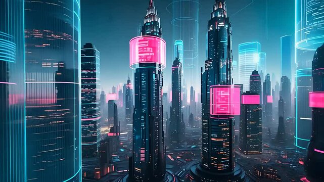 Futuristic Cityscape with Neon-Lit Skyscrapers and Digital Billboards

