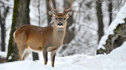 A majestic deer stands in a snowy forest, surrounded by trees during winter's quiet embrace