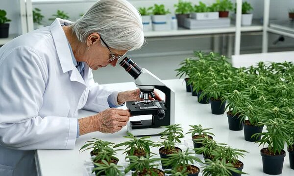 A scientist studies cannabis plants closely with a microscope in a well-lit lab, focusing on plant health and growth characteristics for research