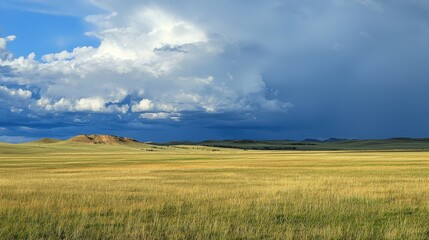 Obraz premium Vast golden grasslands under an expansive sky filled with dramatic clouds at dusk