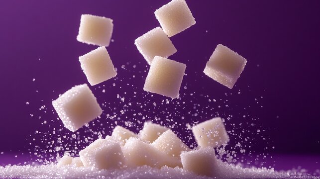 Floating sugar cubes suspended in mid-air, isolated on a deep violet background with dramatic lighting