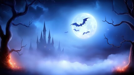 Fototapeta premium A dark, Gothic Halloween background featuring towering, shadowy castles, twisted trees, and bats flying beneath a full moon, with fog creeping across the ground.