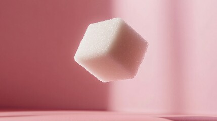 Single white sugar cube floating in the air, isolated on a pastel pink background with soft shadows
