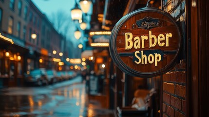A charming vintage barber shop sign illuminates a rainy street in an historic neighborhood, evoking a sense of nostalgia and community on a tranquil evening
