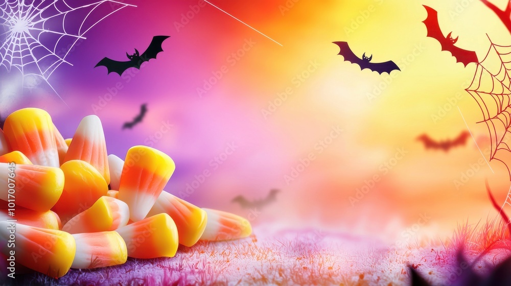 Aufkleber a festive background featuring piles of candy corn in a colorful halloween setting, with playful bat