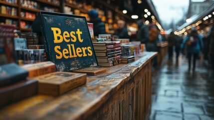 Display of best-selling books on a rustic wooden table in an outdoor bookstore during a bustling market day, with a focus on a prominent Best Sellers sign